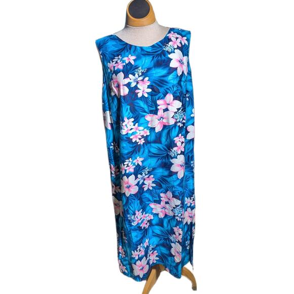 Vtg 1970s Island Fashions Made in Hawaii Blue Floral Sleeveless Shift Dress Sz L - Picture 2 of 5